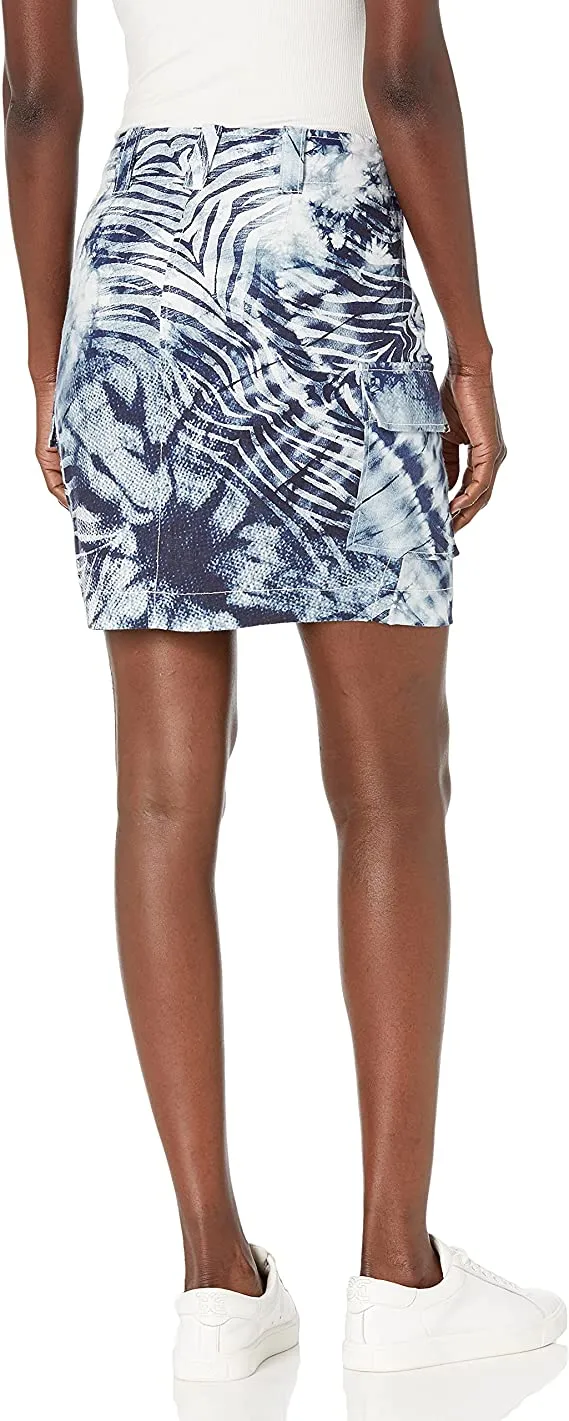 GUESS Women's Surfari Linen Cargo Skirt, Tie Dye Zebra Print Blue, 4