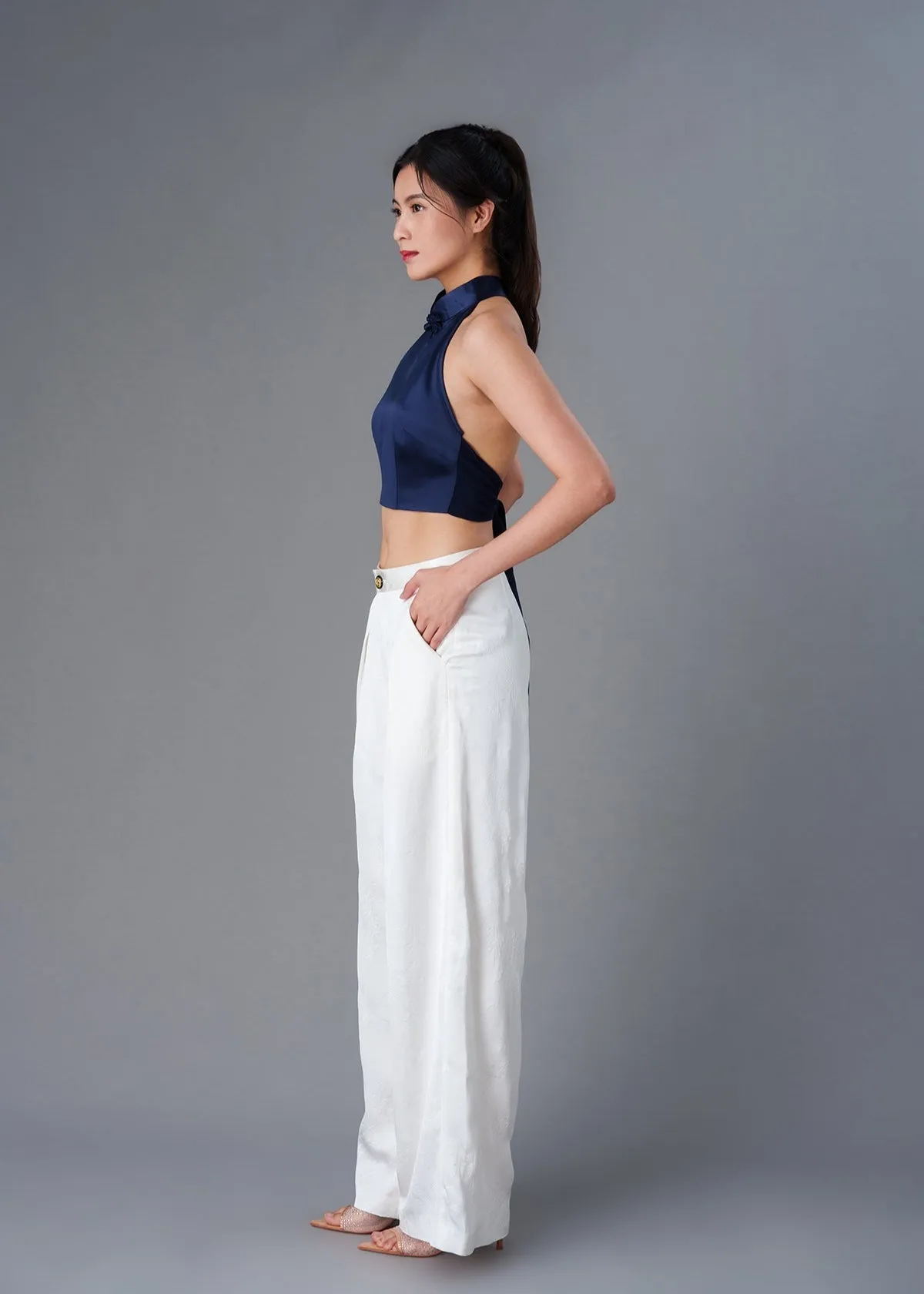 Halter Satin Tie Back Qipao Top (Navy Blue)