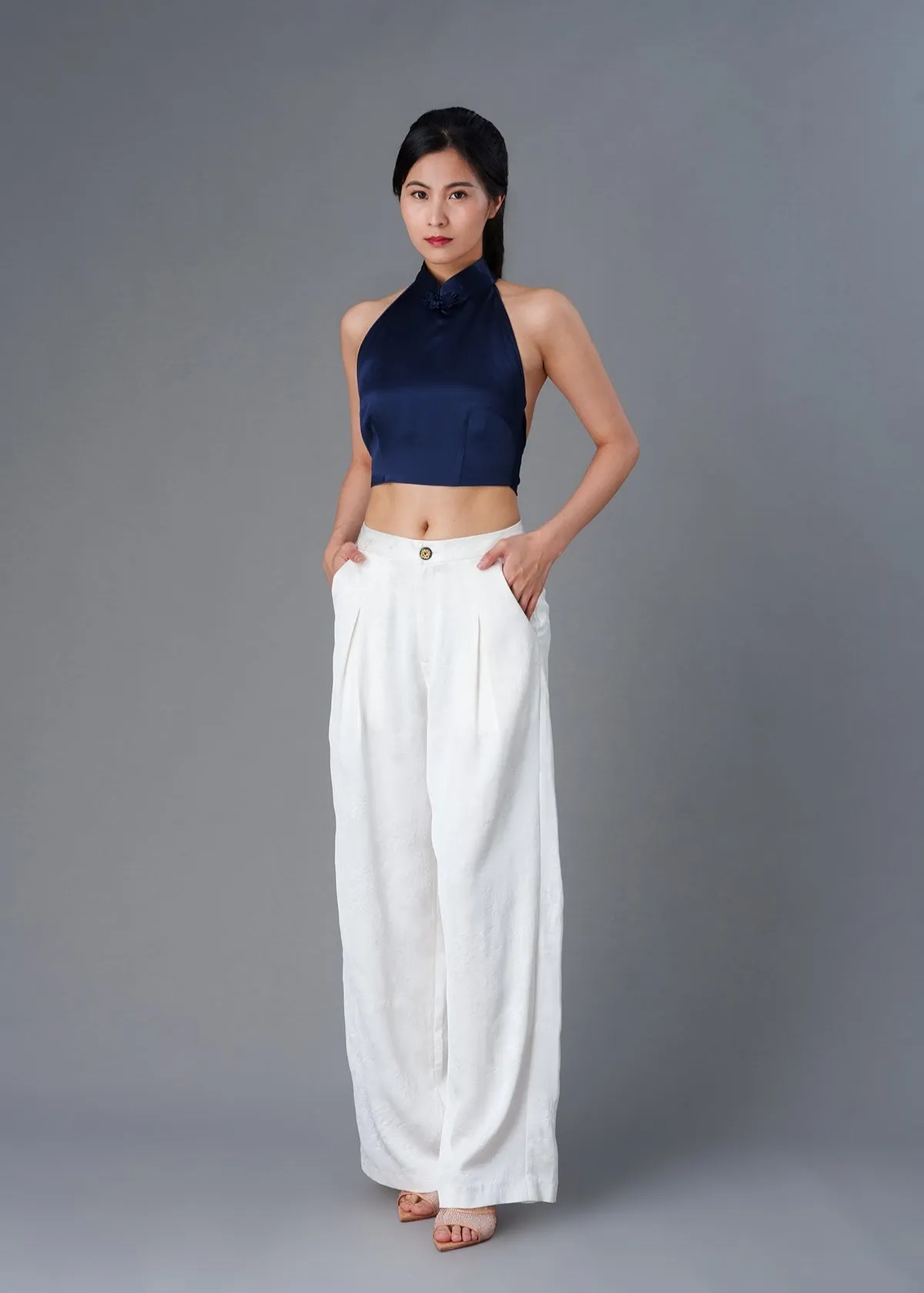 Halter Satin Tie Back Qipao Top (Navy Blue)