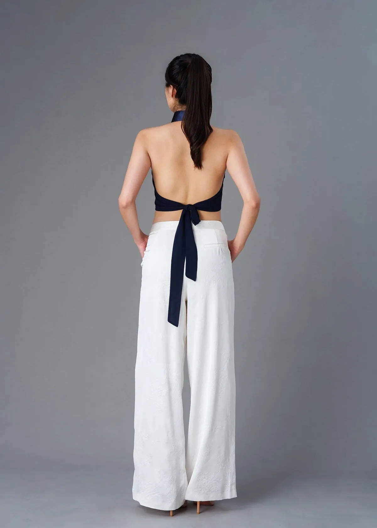 Halter Satin Tie Back Qipao Top (Navy Blue)