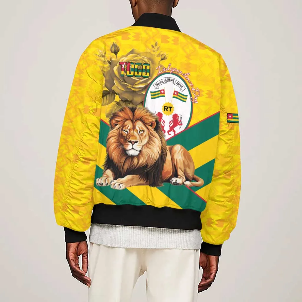 Happy Togo Independence Day Sleeve Zip Bomber Jacket Lion With Coat Of Arms - Kente Pattern LT15
