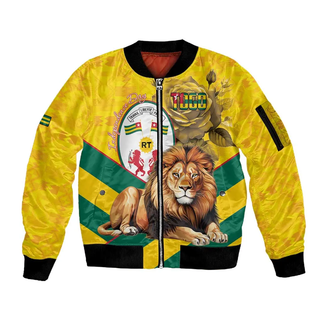 Happy Togo Independence Day Sleeve Zip Bomber Jacket Lion With Coat Of Arms - Kente Pattern LT15
