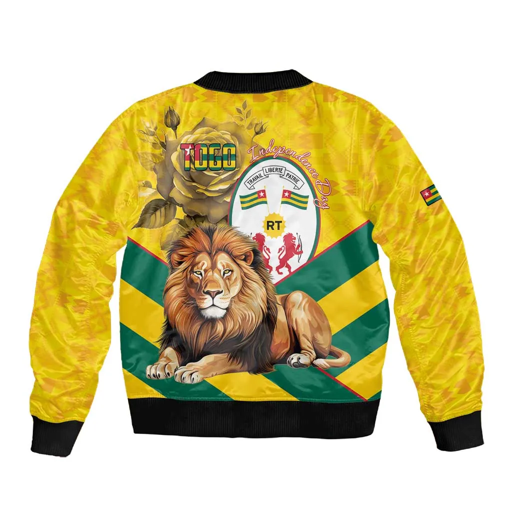 Happy Togo Independence Day Sleeve Zip Bomber Jacket Lion With Coat Of Arms - Kente Pattern LT15