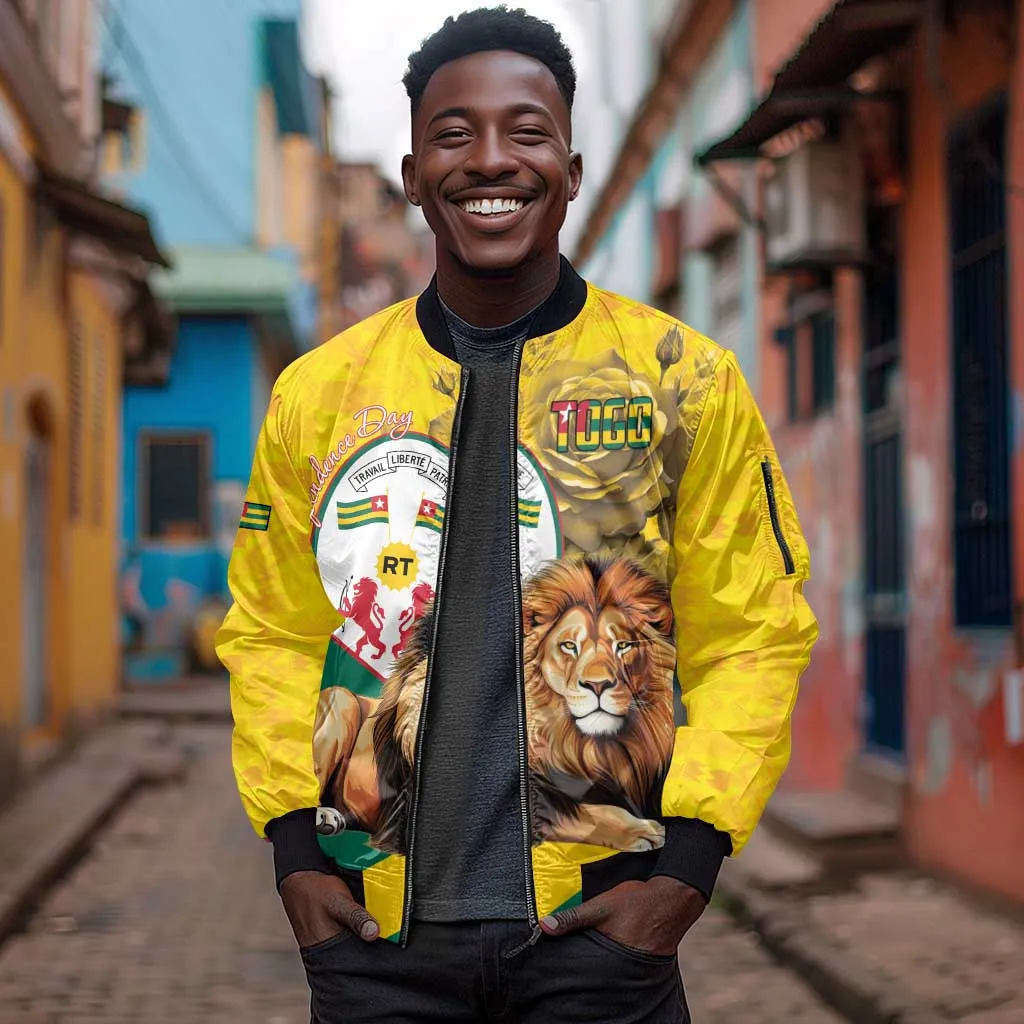 Happy Togo Independence Day Sleeve Zip Bomber Jacket Lion With Coat Of Arms - Kente Pattern LT15