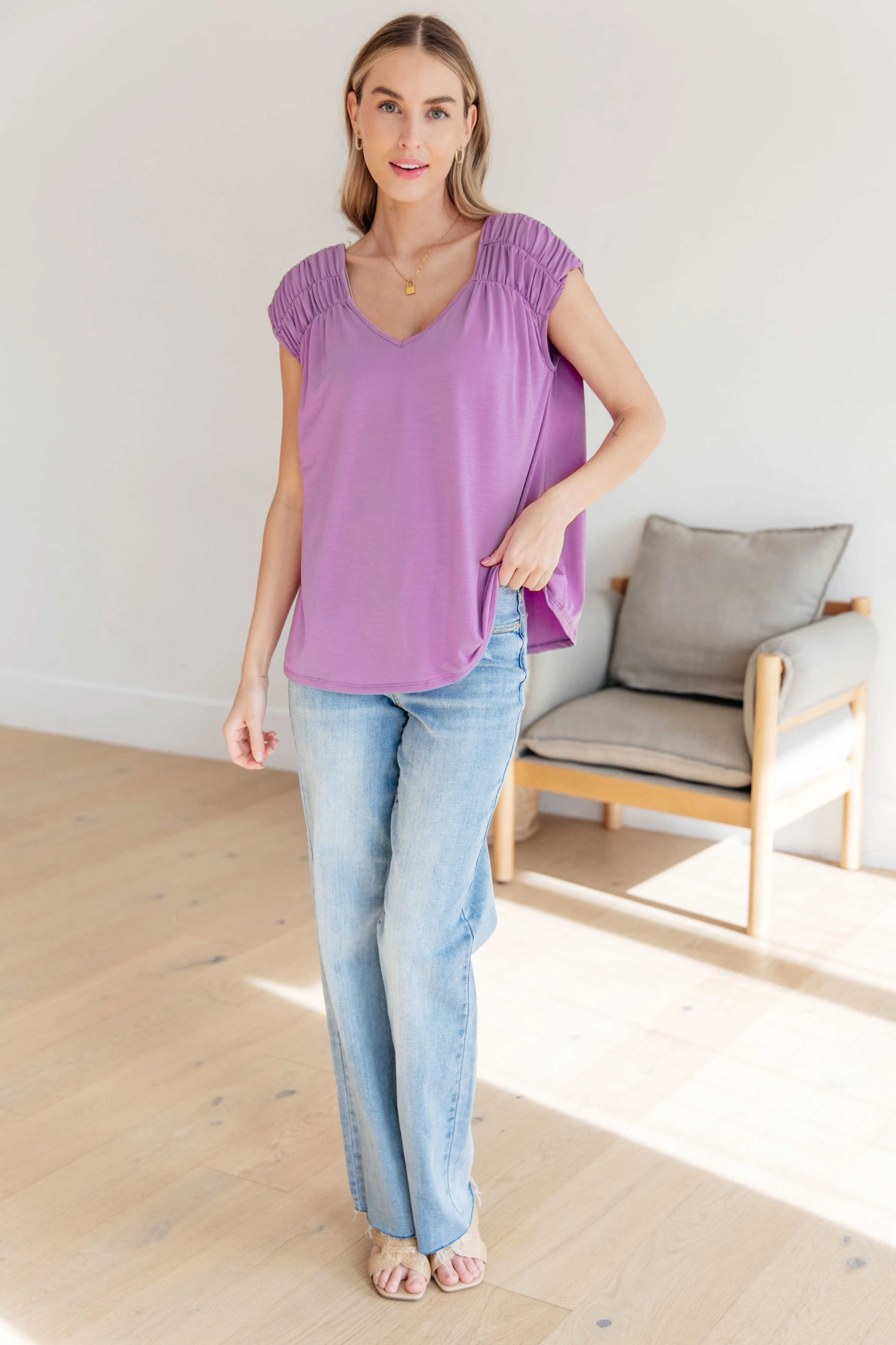 Hazel Blues® |  Ruched Cap Sleeve Top in Lavender