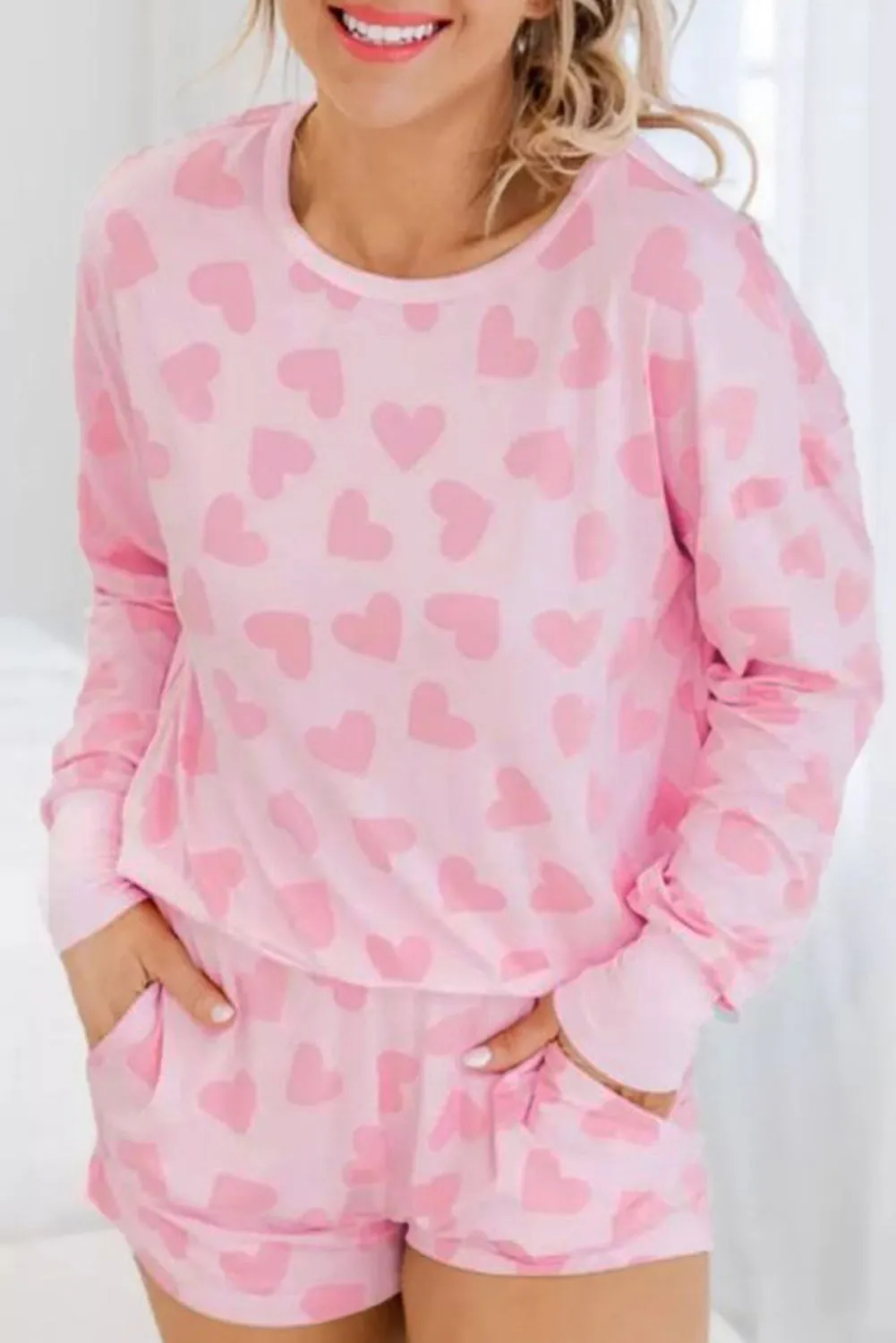 Heart Print Long Sleeve Top Shorts Lounge Set