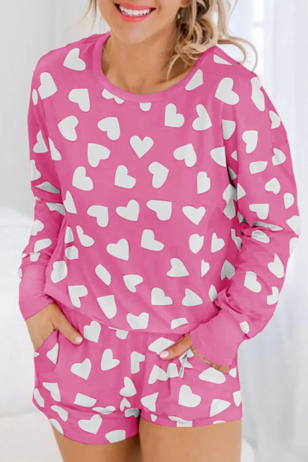 Heart Print Long Sleeve Top Shorts Lounge Set