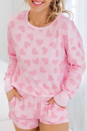 Heart Print Long Sleeve Top Shorts Lounge Set