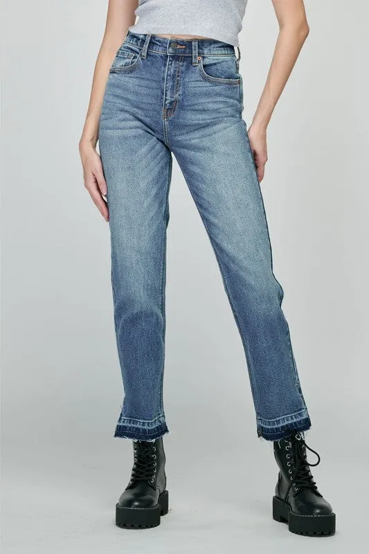 High Rise Straight Denim With Slit Cut