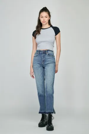 High Rise Straight Denim With Slit Cut