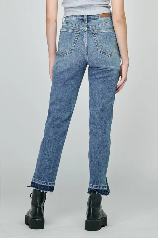 High Rise Straight Denim With Slit Cut