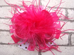 Hot Pink Hearts 6in Boutique Bow w/Ostrich Feather