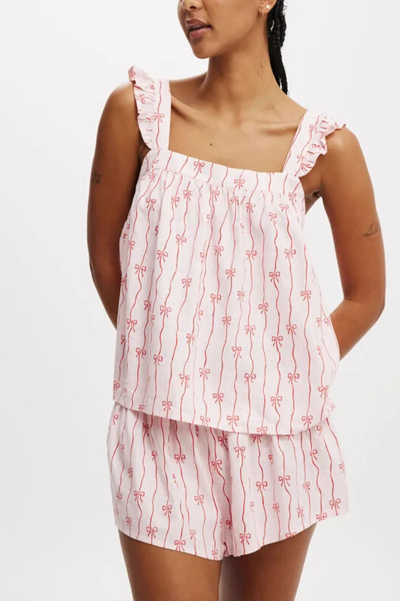HUZ1109 2-Piece Ruffle Strap Bow Print Pajama Set