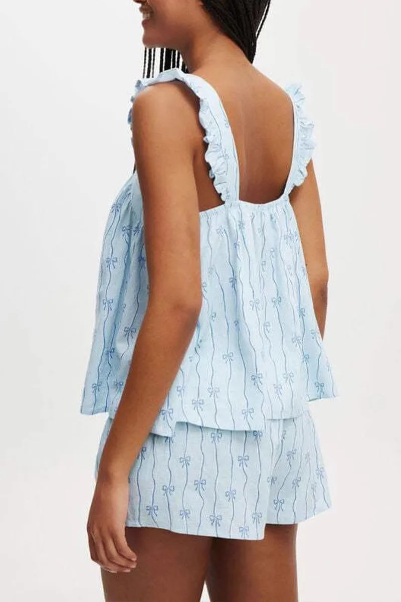 HUZ1109 2-Piece Ruffle Strap Bow Print Pajama Set