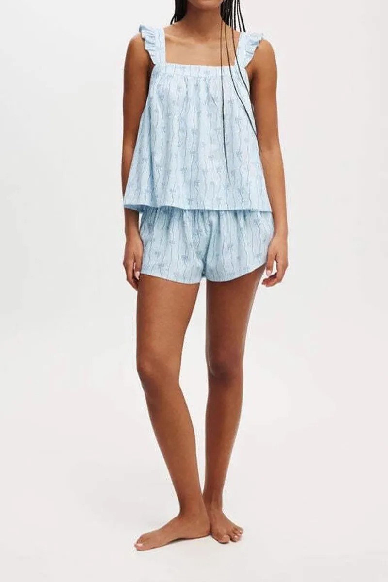HUZ1109 2-Piece Ruffle Strap Bow Print Pajama Set