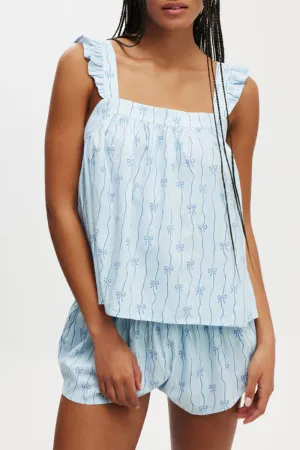 HUZ1109 2-Piece Ruffle Strap Bow Print Pajama Set