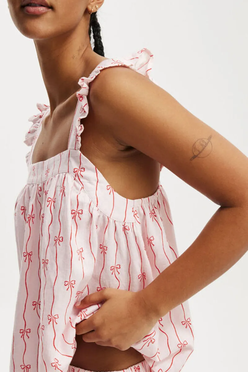 HUZ1109 2-Piece Ruffle Strap Bow Print Pajama Set