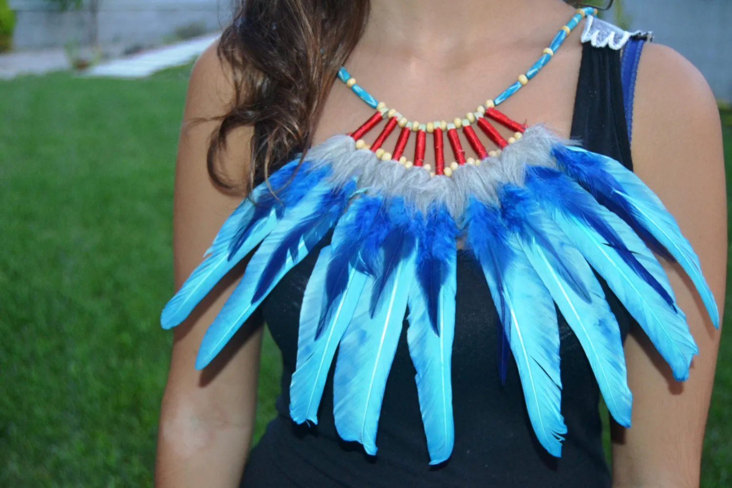 J16 - Turquoise and electric blue  Feather Necklace