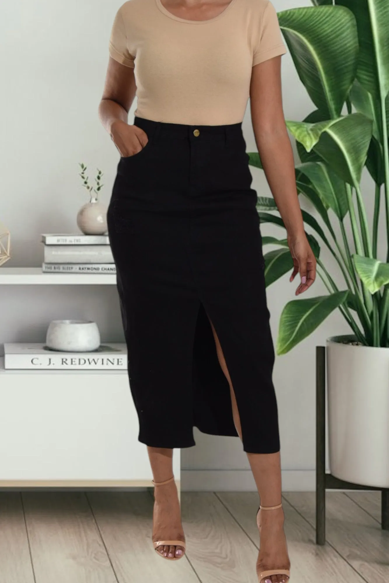 Ladies Black Denim Slit Skirt