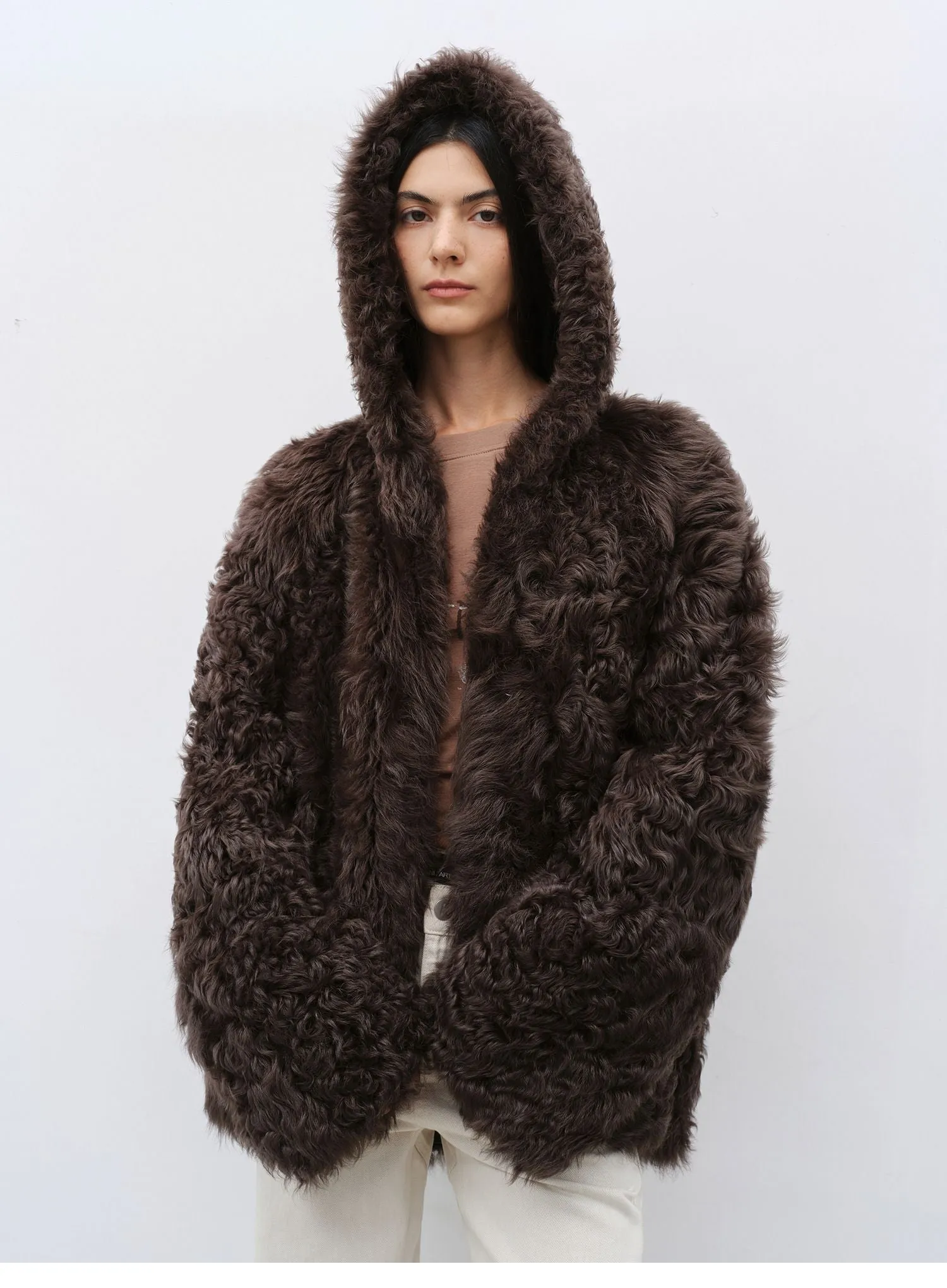 Lamb Fur Hooded Coat