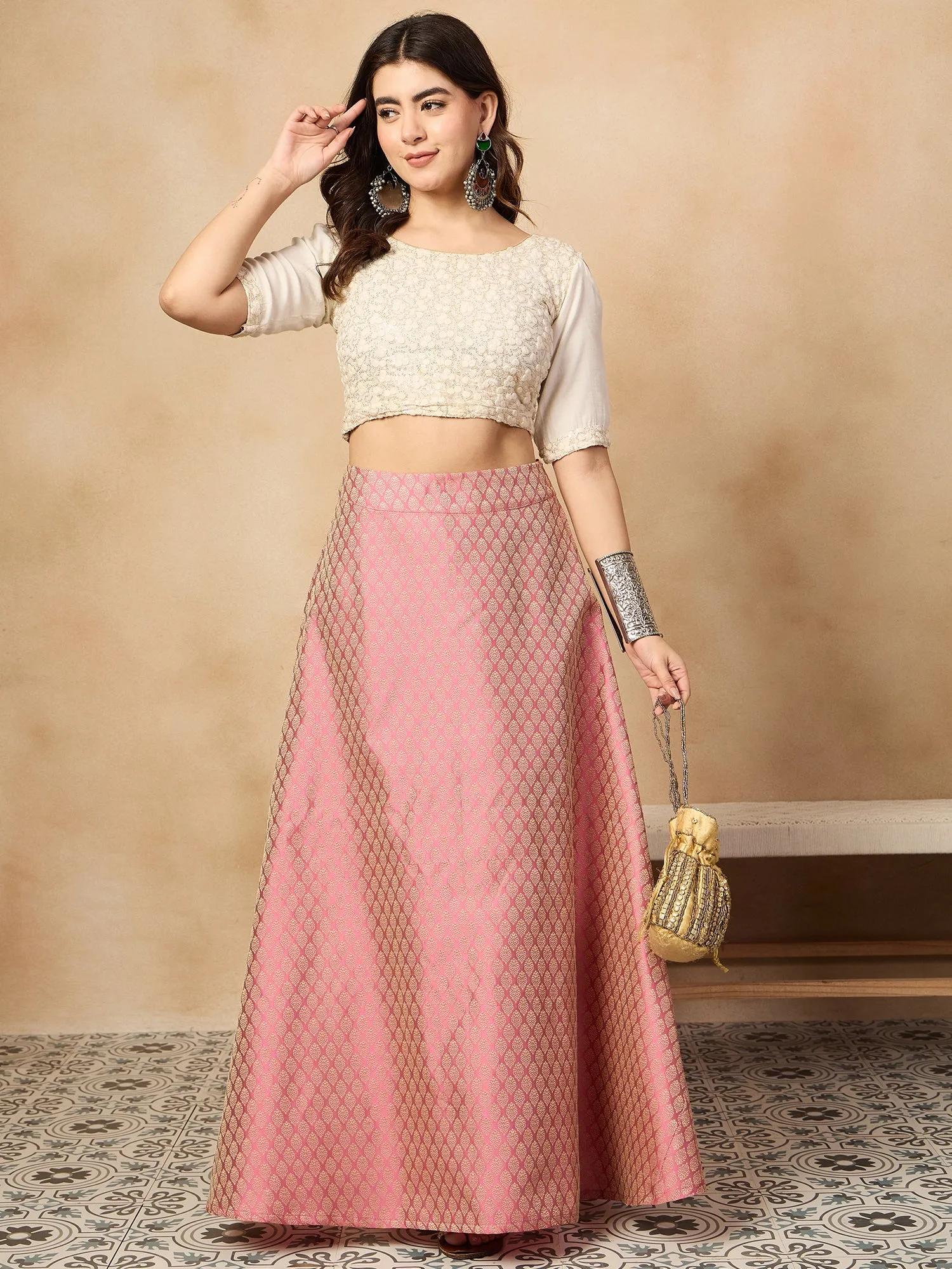 Light Pink Brocade Side Slit Skirt