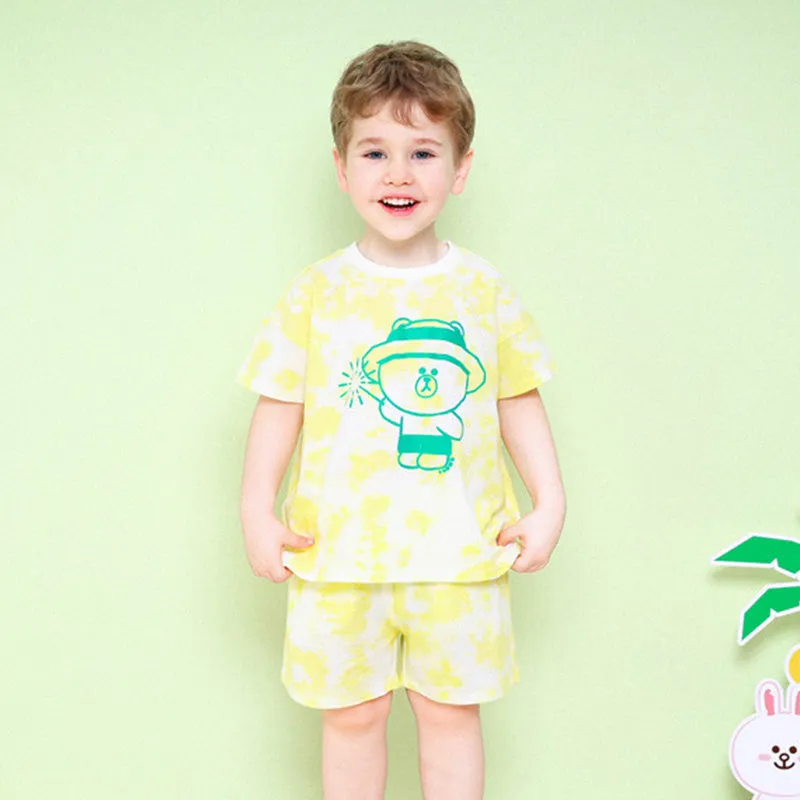 Line Friends Summer Tie Dye Yellow Brown Top & Bottom Set 2306MO08