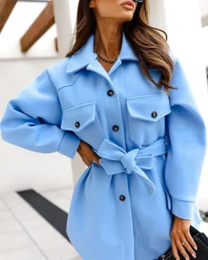 Long Sleeve Buttoned Pocket Design Coat With Belt