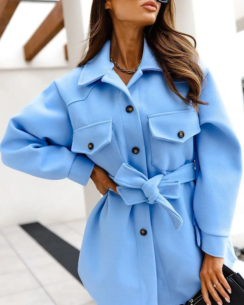 Long Sleeve Buttoned Pocket Design Coat With Belt