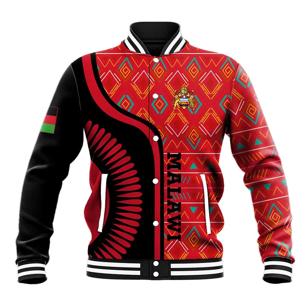 Malawi Patterns African Baseball Jacket Blended with Flag Colors and National Emblem TS04