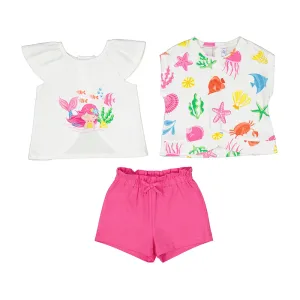 Mayoral Shorts Set with 2 T-Shirts - Fuchsia