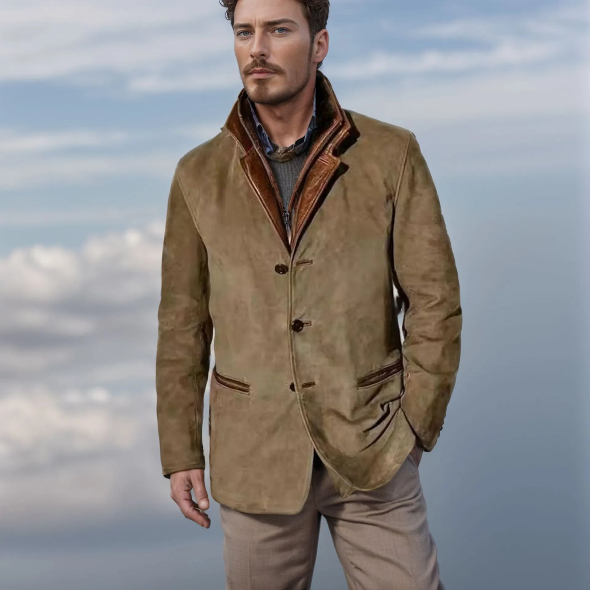 Men’s Jacket – Vintage Look – Classic Fit – Button Closure – Suede-Effect Design