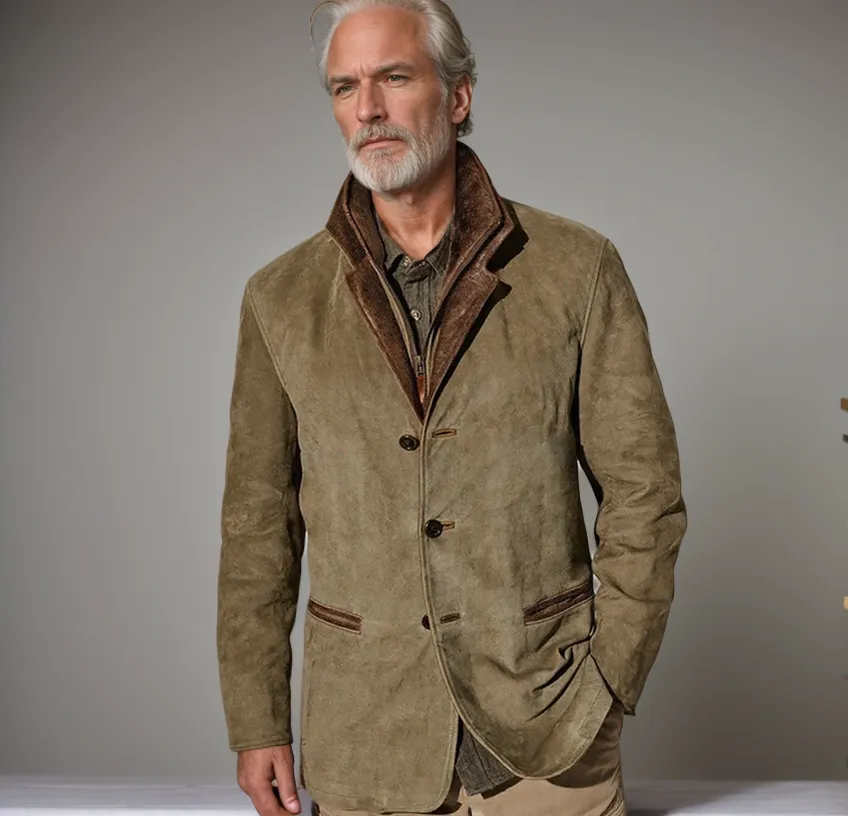 Men’s Jacket – Vintage Look – Classic Fit – Button Closure – Suede-Effect Design