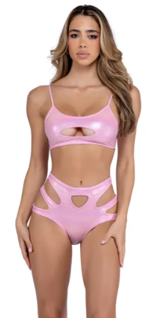 Metallic Iridescent Keyhole High-Waisted Shorts - Pink 6449