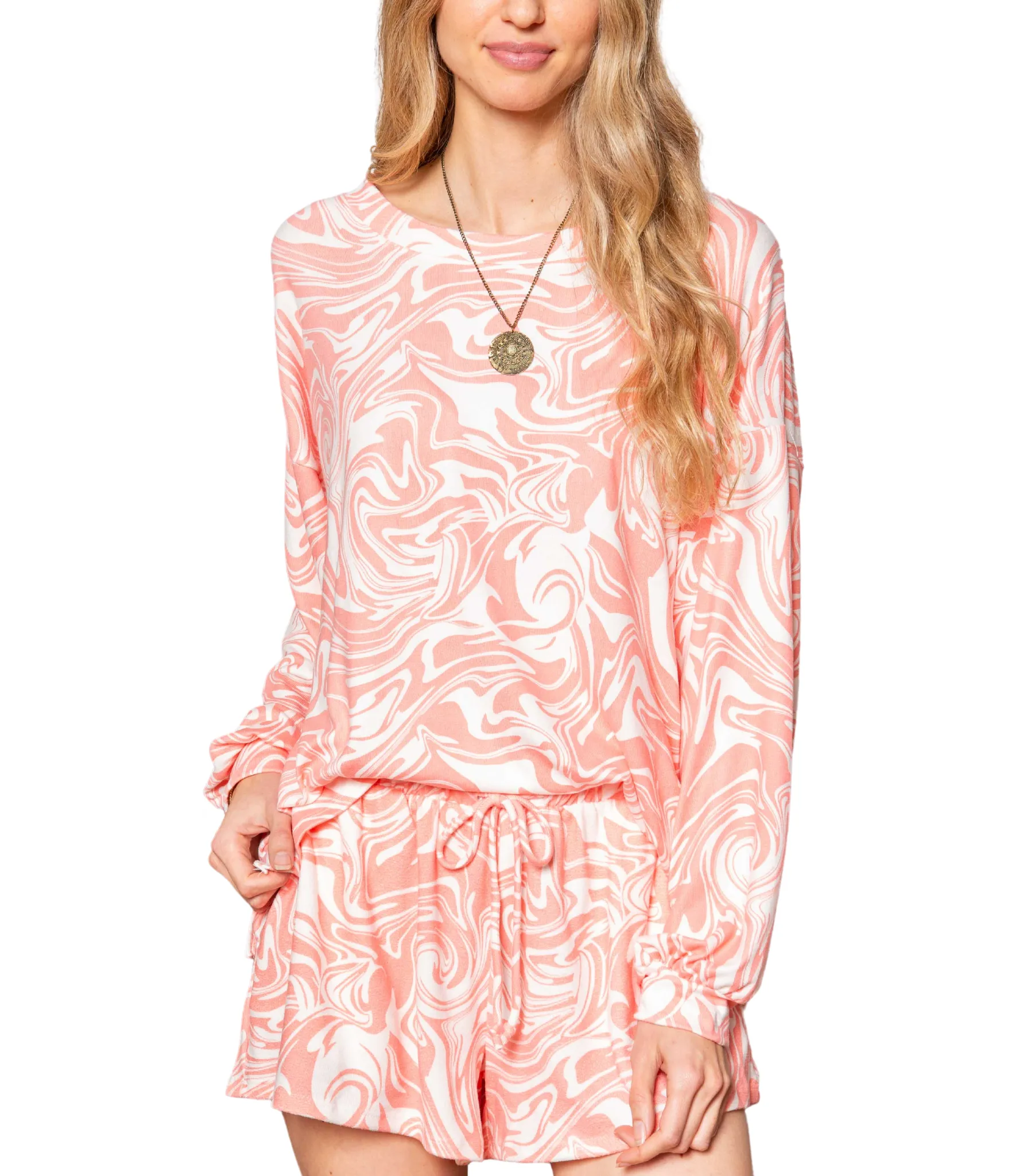MINT PLUS PINK Women's Two Piece Pajama Heart Print Pjs Shirt and Elastic Shorts Loungewear Set with Pocket