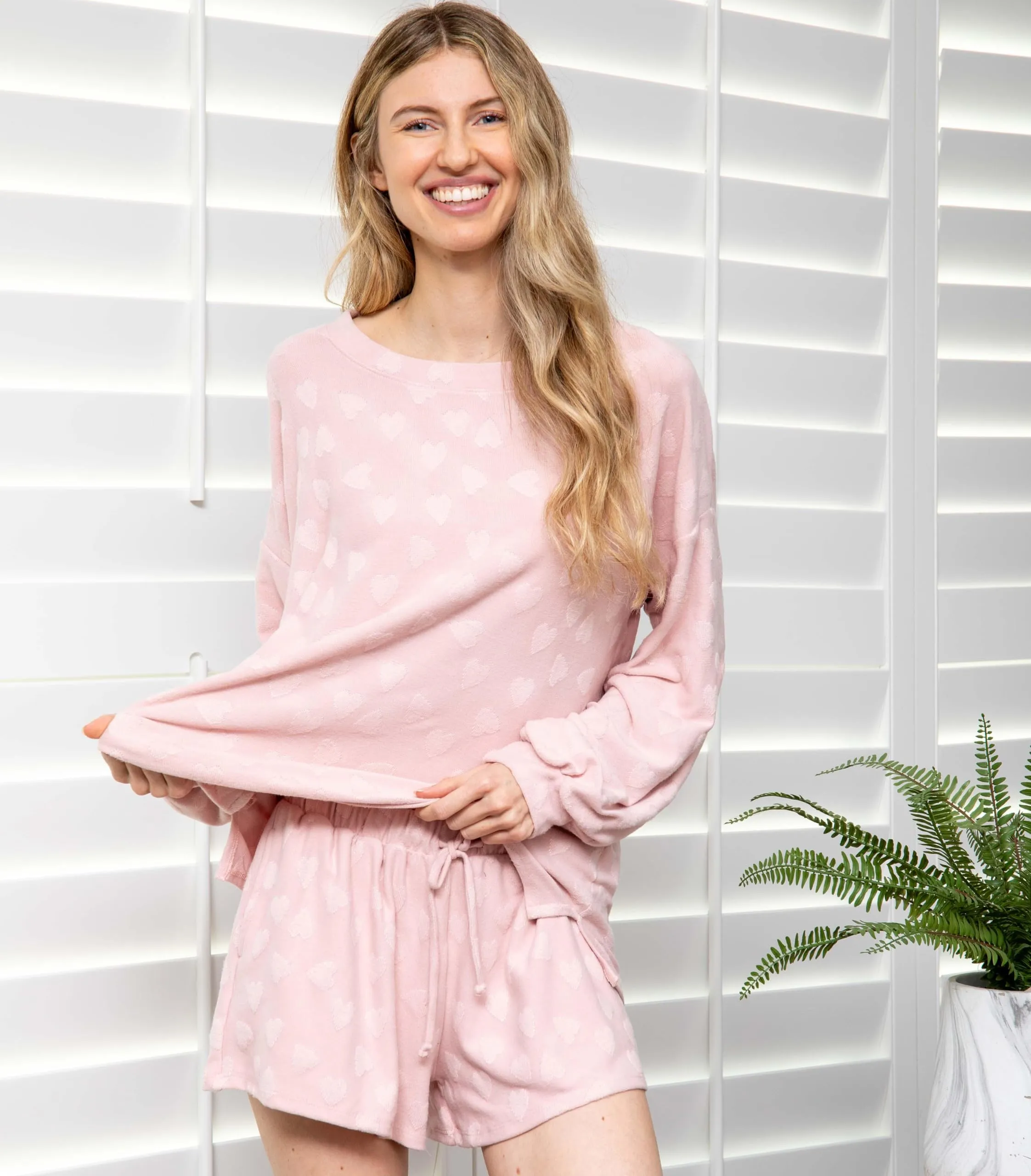 MINT PLUS PINK Women's Two Piece Pajama Heart Print Pjs Shirt and Elastic Shorts Loungewear Set with Pocket