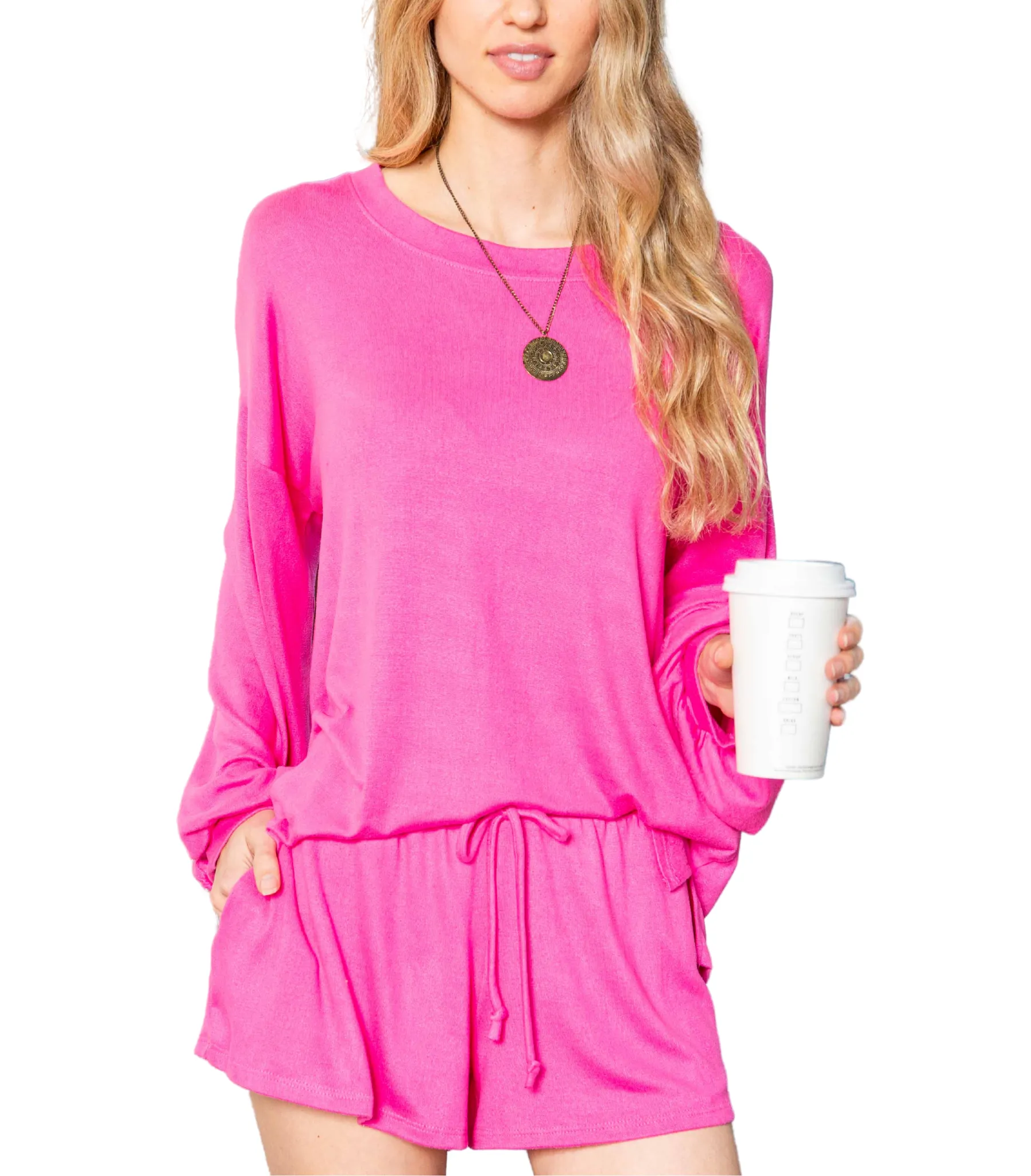 MINT PLUS PINK Women's Two Piece Pajama Heart Print Pjs Shirt and Elastic Shorts Loungewear Set with Pocket
