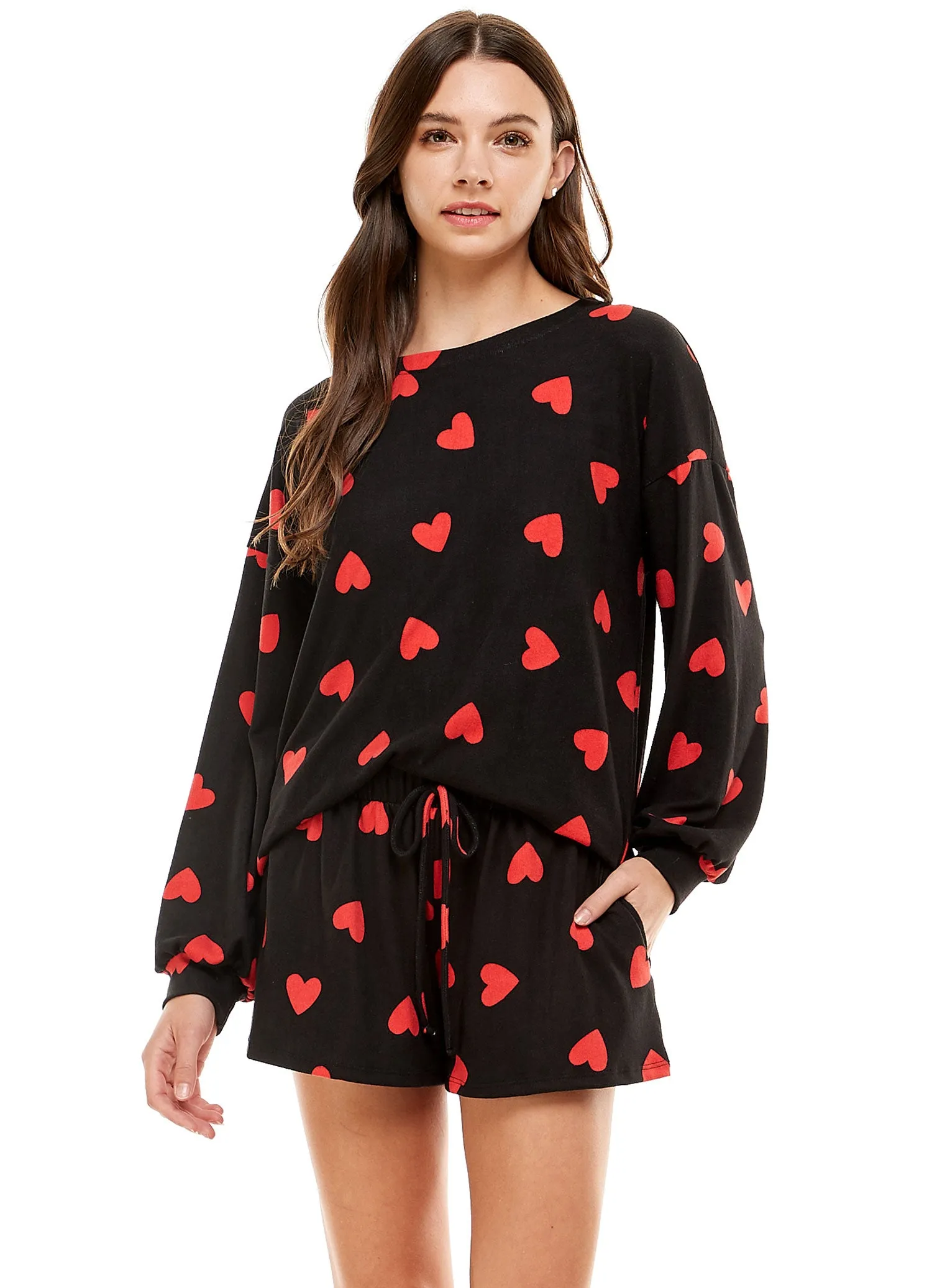 MINT PLUS PINK Women's Two Piece Pajama Heart Print Pjs Shirt and Elastic Shorts Loungewear Set with Pocket