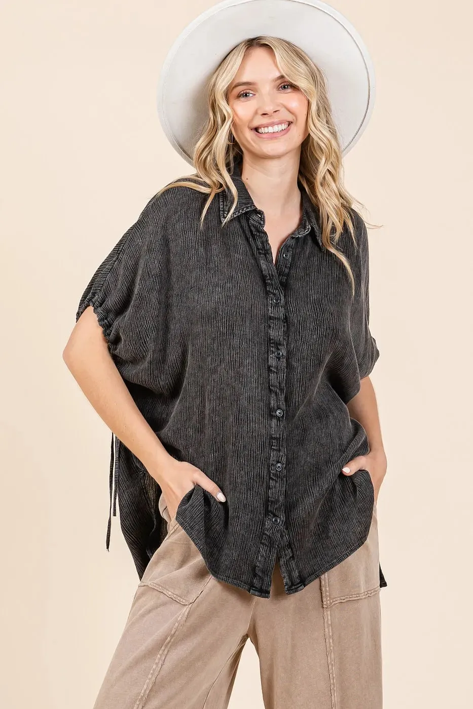 Mittoshop Mineral Wash Loose Fit Button Down Shirt