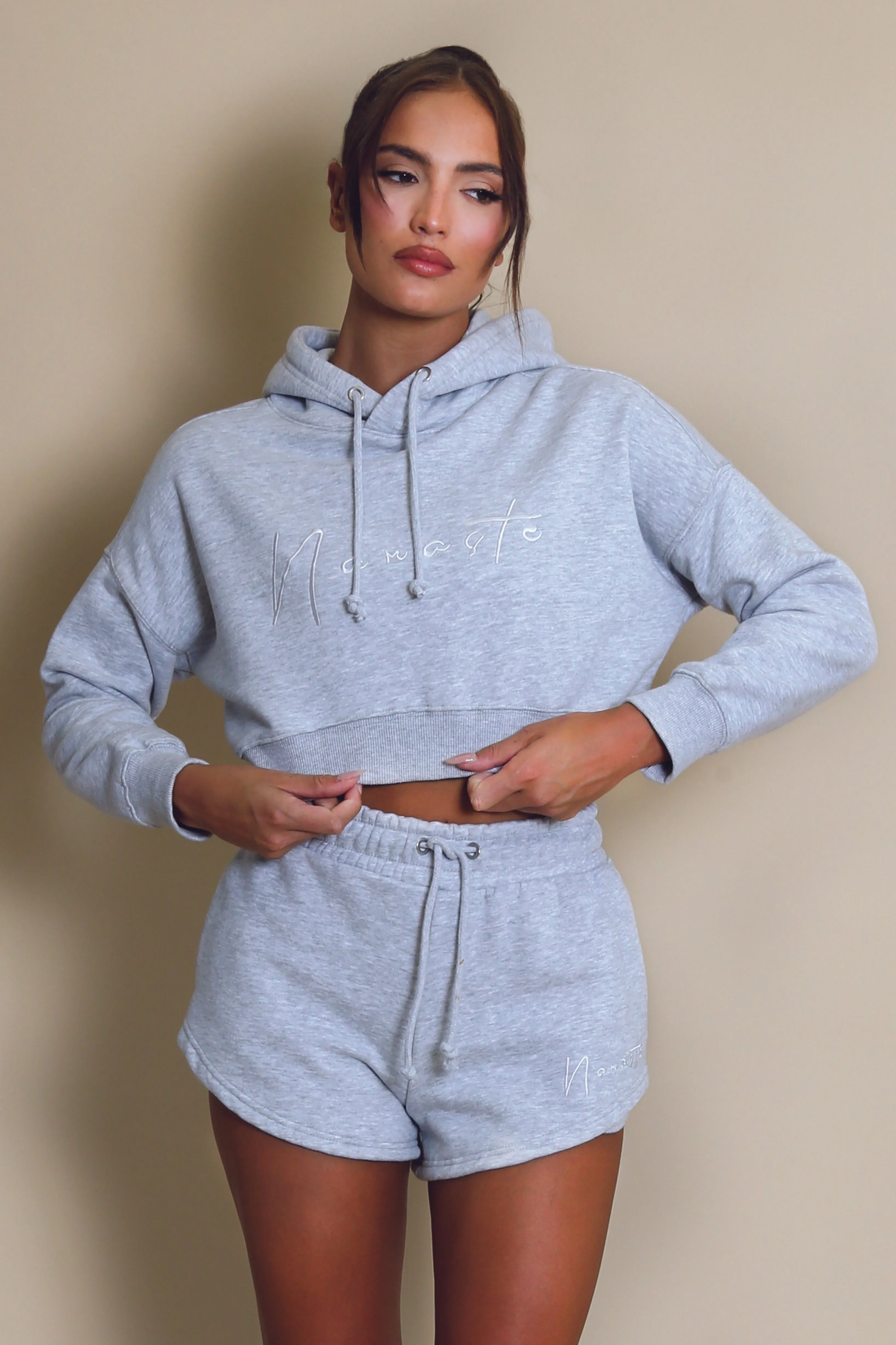 Namaste Cropped Sweatshirt And Shorts Set In Grey