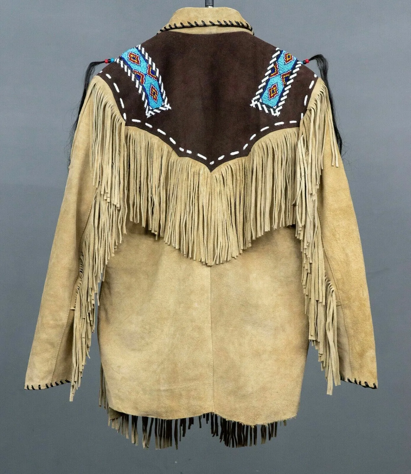 Native American Style Beige Suede Leather Fringe Beaded Jacket for Men MWJ337