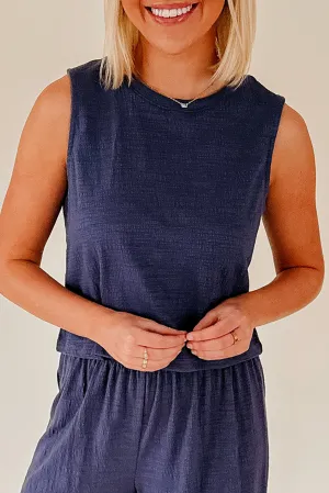 Navy Blue Vintage Textured Round Neck Relaxed Tank Top