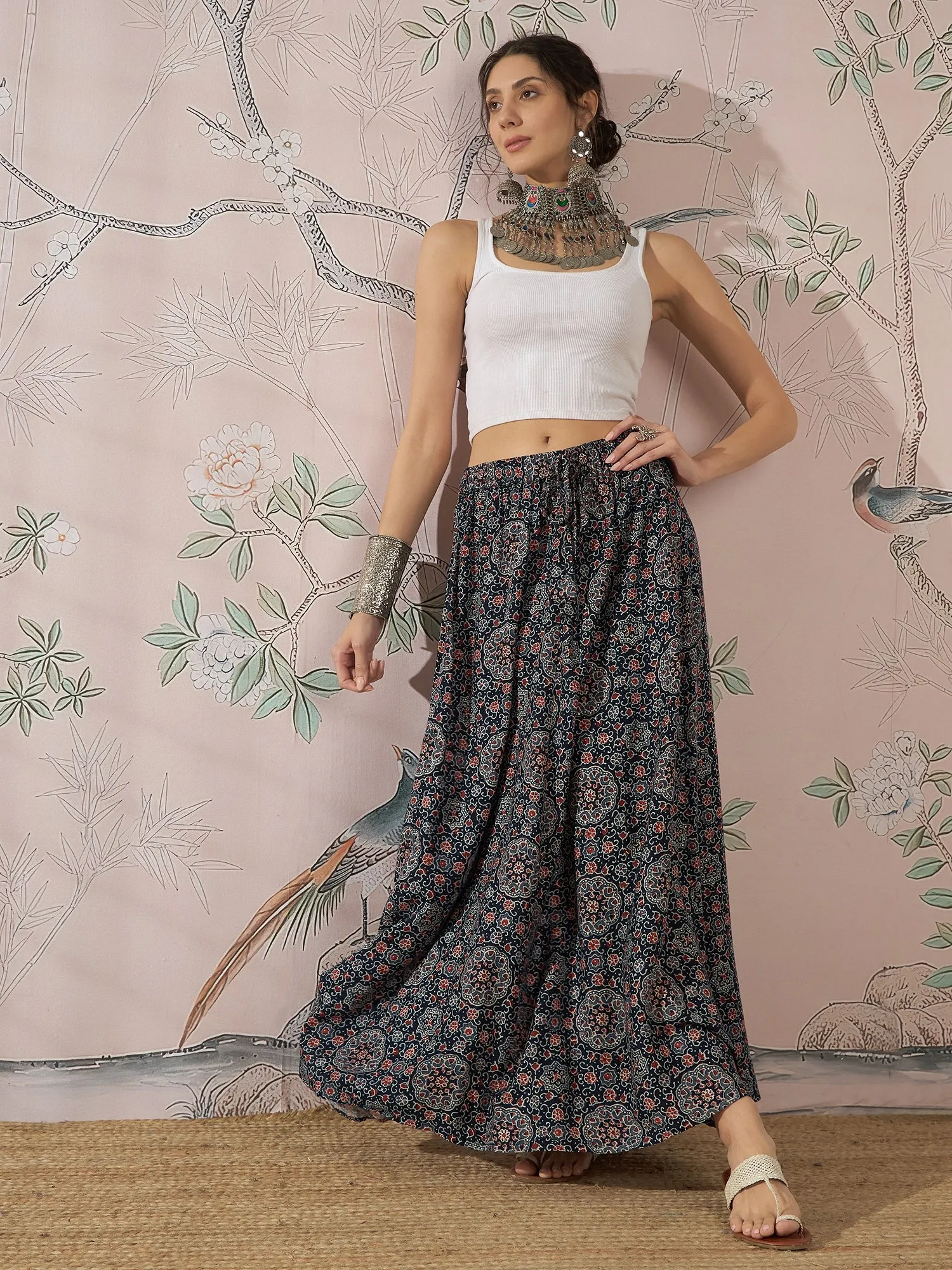NAVY MAROON AJRAKH FR SKIRT