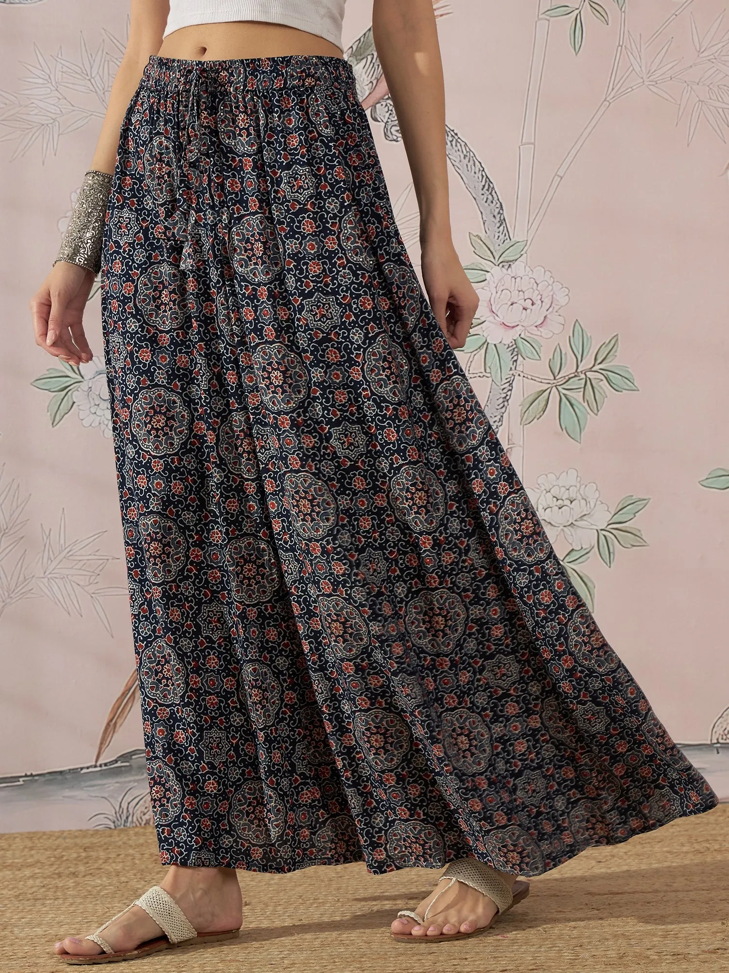 NAVY MAROON AJRAKH FR SKIRT