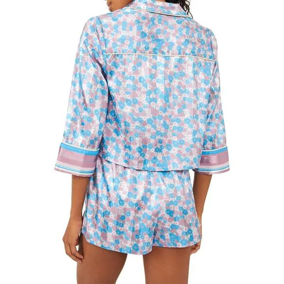 New Free People Pillow Talk Floral PJ Set $88 XS Button-up Crop Shirt Shorts