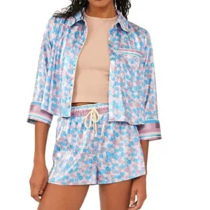 New Free People Pillow Talk Floral PJ Set $88 XS Button-up Crop Shirt Shorts