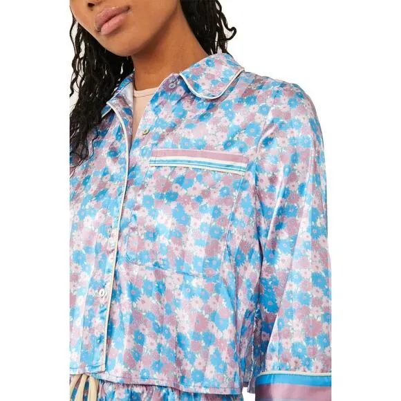 New Free People Pillow Talk Floral PJ Set $88 XS Button-up Crop Shirt Shorts