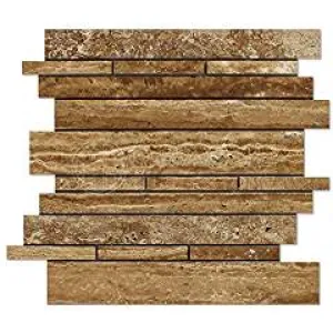 Noce Vein-Cut Travertine Random-Strip Mosaic Tile, Polished (LOT of 5 SHEETS)