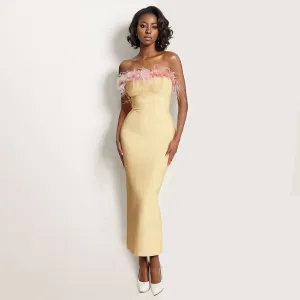 Off Shoulder Sleeveless Feather Midi Bandage Dress PZC2340