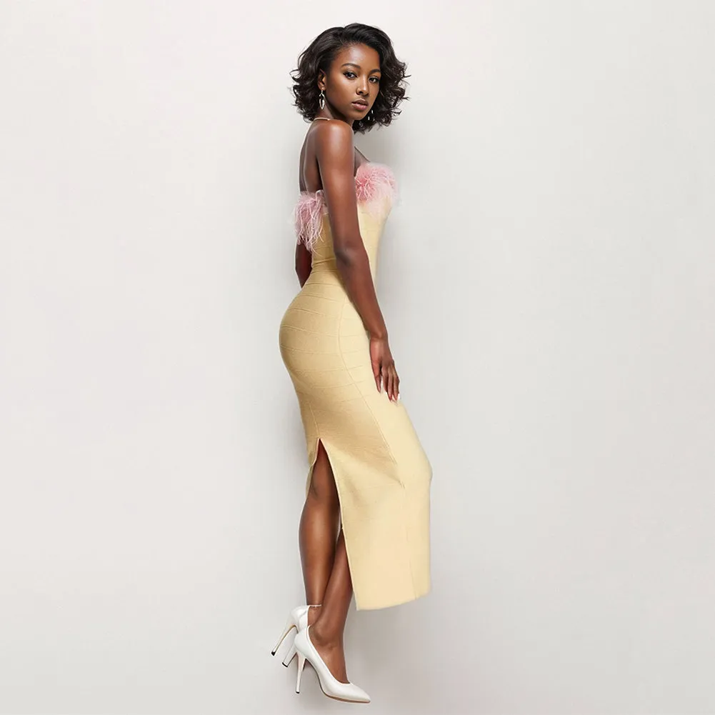 Off Shoulder Sleeveless Feather Midi Bandage Dress PZC2340