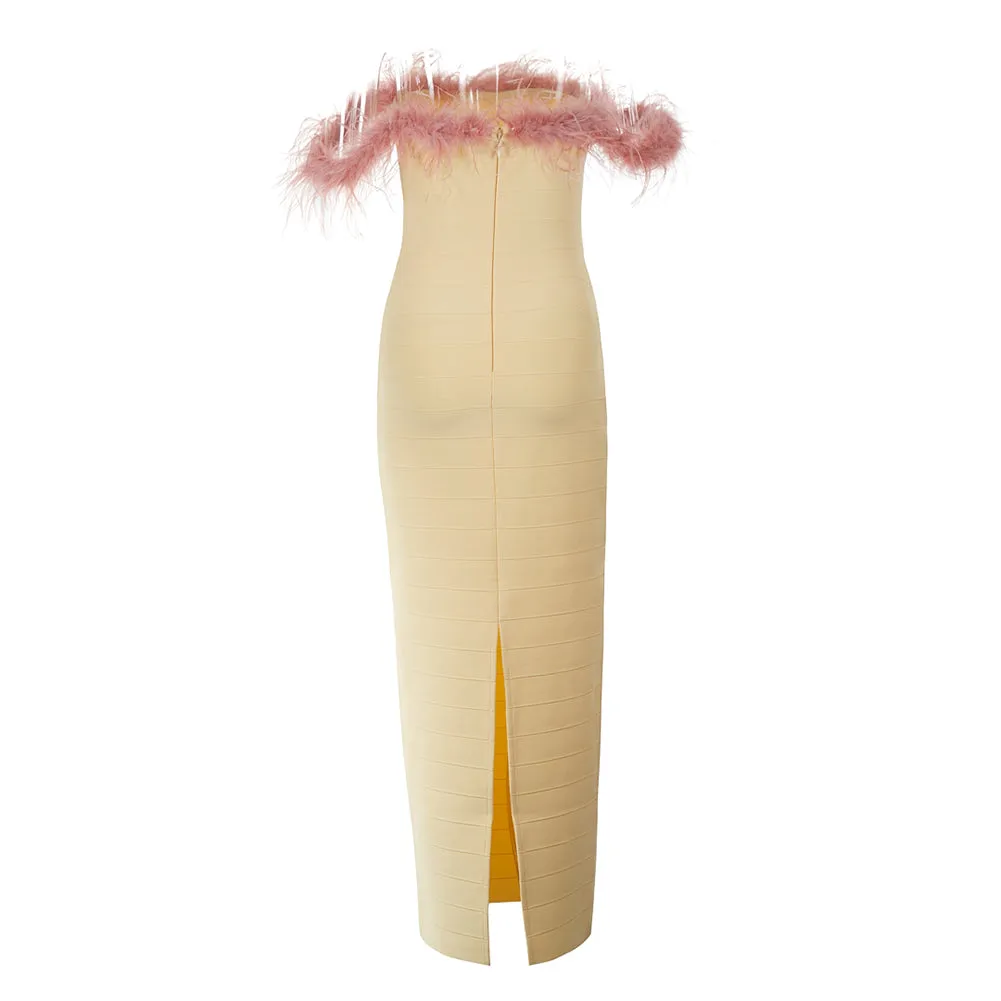 Off Shoulder Sleeveless Feather Midi Bandage Dress PZC2340